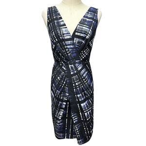 BANANA REPUBLIC US 2 Black Blue White Silk Blend Sleeveless V Neck Pleated Dress